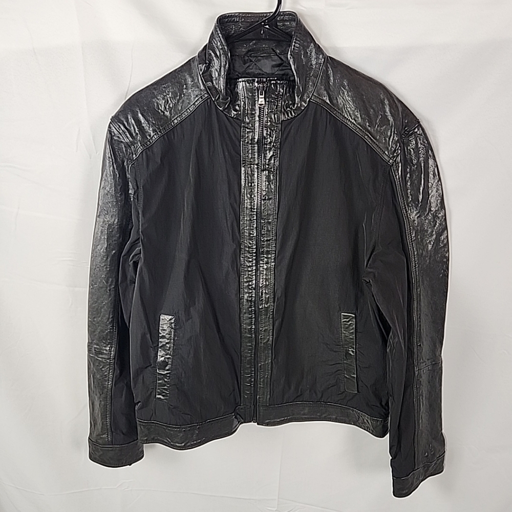 Kenneth Cole TATAI Leather Nylon Moto Jacket Mens L Black Urban Biker Techwear